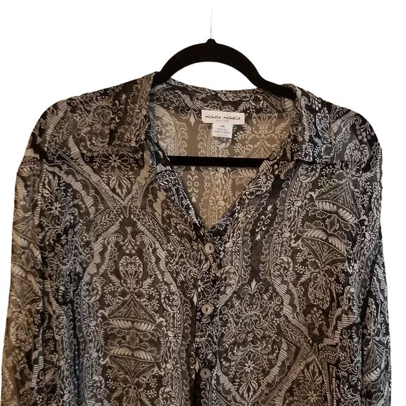 Michele Michelle Womens Sz PM White Black Geometric Long Sleeve Button Down Blou - Picture 8 of 9
